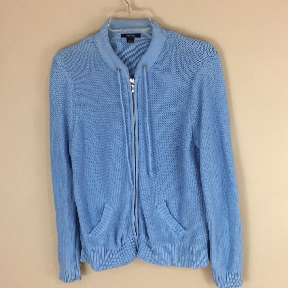 Nautica Light Blue 100% Cotton Front Zip Cardigan Sweater Size Large